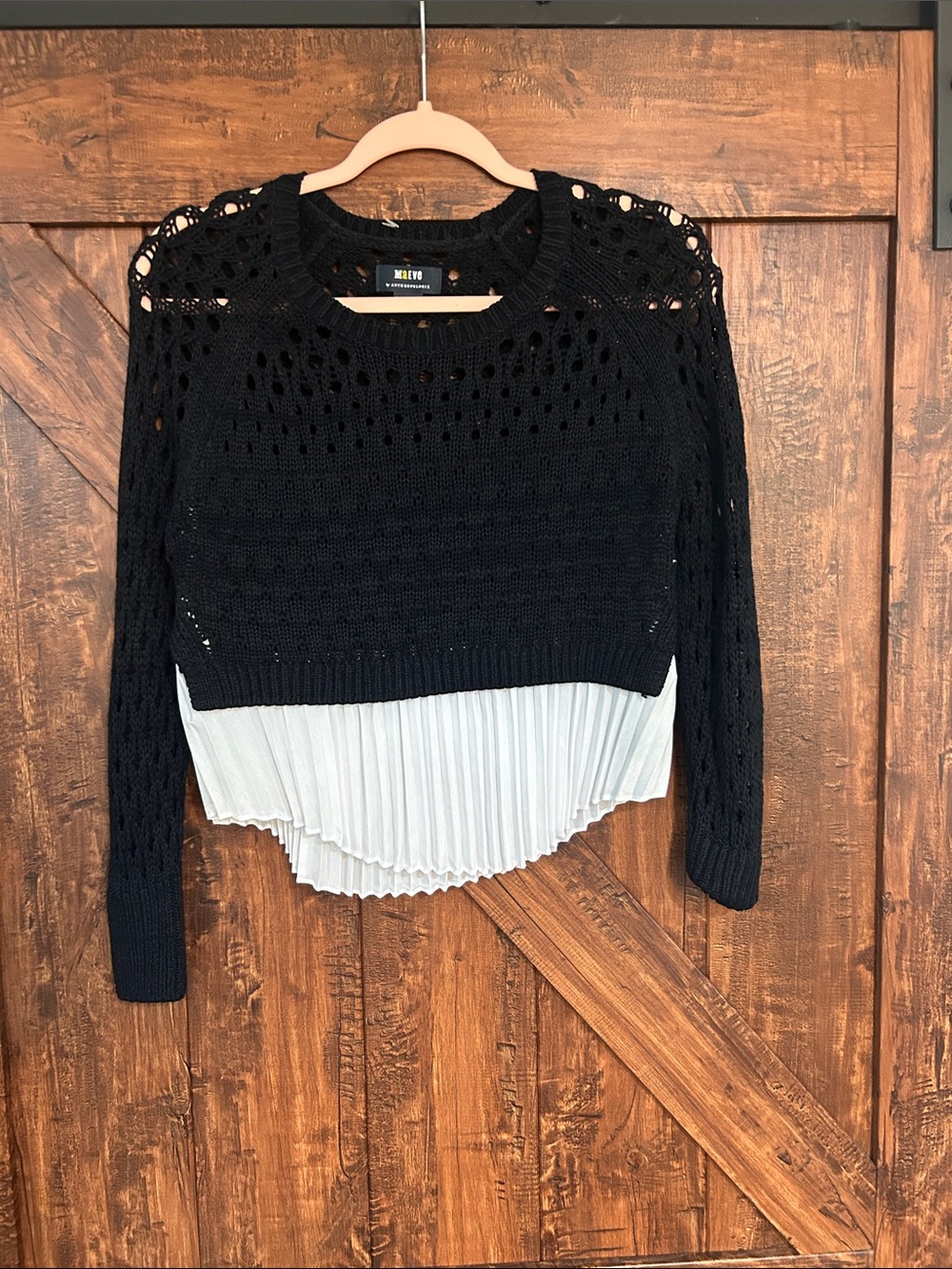 Anthropologie Black Knit Sweater with White Pleated Hem